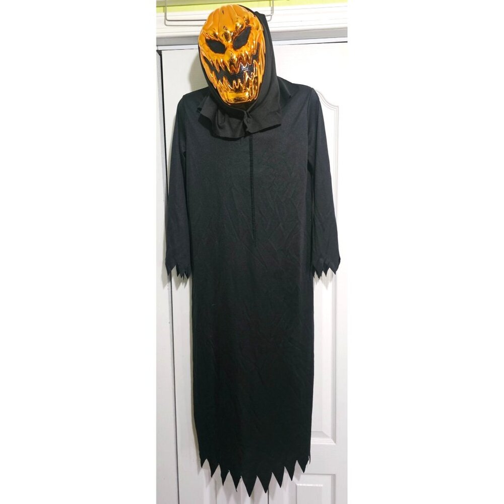 Kids Metallic Hooded Pumpkin Mask & Robe Jack O Lantern Halloween Evil Scary LG